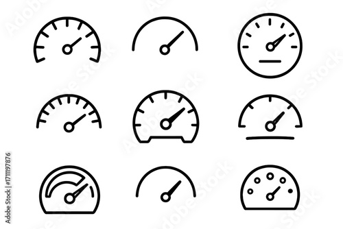 Speedometer gauge line icon set. Dashboard and meter signs for web design, apps. Vector illustration of speed, performance, tachometer, level, test, indicator symbols.