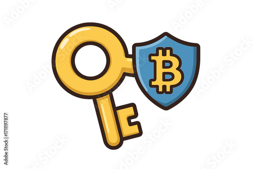 Bitcoin security concept with key and shield. Crypto private key for wallet access. Cryptocurrency protection and safety symbol. Digital finance and blockchain technology vector icon.