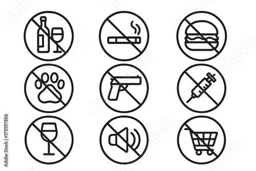 Prohibition signs outline icon collection. Forbidden vector symbols set. No smoking, food, alcohol, pets, guns, noise, drugs. Restriction and warning icons for public places.