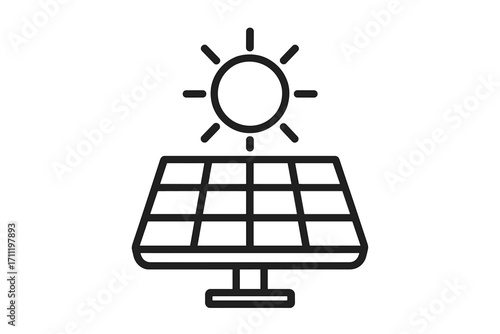 Solar panel icon with sun. Renewable energy symbol. Green power, sustainable technology concept. Photovoltaic electricity generation. Clean eco friendly energy source vector.