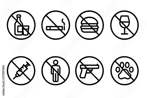 Prohibition signs icon set. Forbidden and warning symbols collection. No smoking, no food, no alcohol, no pets, no guns, no drugs. Restricted area vector line icons.