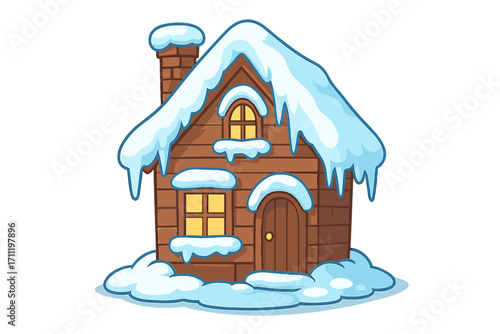 Winter house covered in snow. Cartoon vector illustration of a cozy wooden cottage with warm light in windows. Cute frozen home for Christmas holiday design isolated on white.