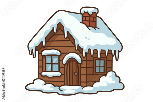 Vector cartoon illustration of a cozy wooden house covered with snow. Cute rustic winter cabin or cottage. Isolated log home for Christmas holiday design or seasonal concept.