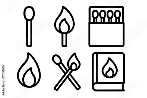 Matchstick icon set vector graphic. Simple line art symbols of matches, fire, flame, and a matchbox. Minimalist outline illustration for design, web, and apps. Burnt, unlit, and burning concepts.
