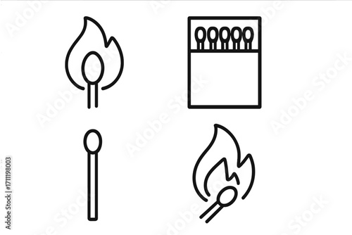 Matches and fire flame outline icon set. Vector symbols of a burning matchstick, single match, open matchbox. Simple linear pictogram collection for web design, apps, and logos.
