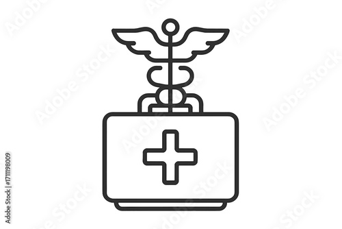 Medical briefcase icon with caduceus symbol. Doctor bag with first aid cross. Healthcare and medicine concept. Emergency service, hospital, clinic linear vector sign design.