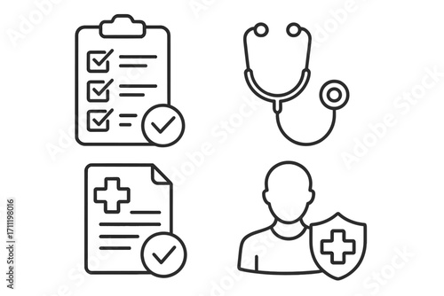 Medical icon set for health insurance, patient check-up, and diagnosis. Vector line art with stethoscope, clipboard checklist, and protected person symbol. Healthcare concept.