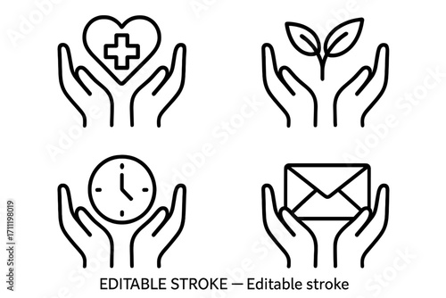 Hands care icon set. Health care, nature conservation, time management, communication concepts. Line symbols of hand holding heart, plant, clock, mail. Editable stroke.