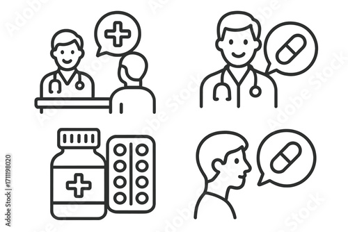 Medical checkup icon set. Doctor consultation with patient symbol. Prescription medicine, pills, and treatment concept. Healthcare and pharmacy vector illustration line art.