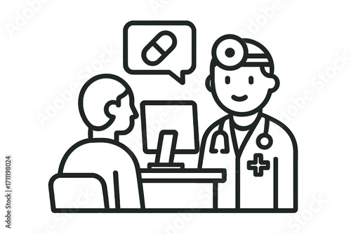 Medical checkup icon. Doctor consulting patient at the clinic. Physician at desk giving diagnosis and prescribing medicine. Healthcare and therapy concept line vector art.