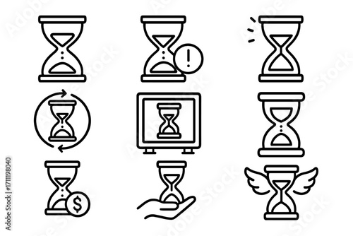 Hourglass line icon set. Time management, deadline, and urgency concepts. Vector sandglass symbols for web, apps. Time is money, time flies metaphor. Editable stroke.