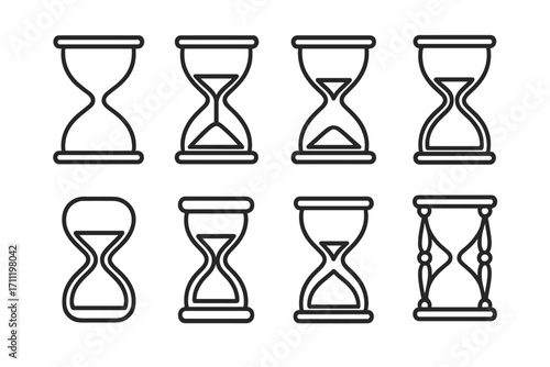 Hourglass line icon set. Sandglass timer and sand clock pictogram collection. Concept of time, deadline, countdown, and waiting. Simple outline vector illustration. Editable stroke.