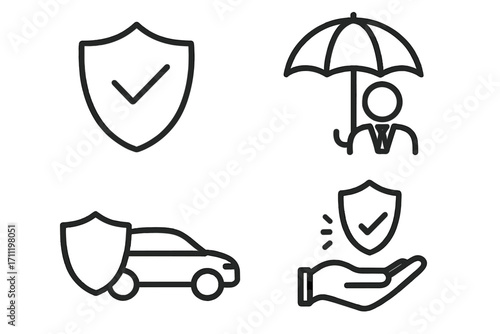 Insurance icon set for security and protection. Concepts for car insurance, life coverage, and safety guarantee. Vector line art symbols of a shield, umbrella, and checkmark.