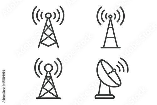 Radio tower antenna icon set. Telecommunication signal broadcast symbol. Wireless technology mobile connection. Satellite dish transmission. Line art vector illustration.