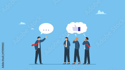 Businessman convincing colleagues influence to believe in his idea. Convincing people persuade to believe in idea, influence or persuasion in meeting argument, charm or leadership.