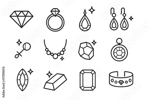Modern Jewelry and Gemstone Outline Icons Set for Design, Cards, Apps, Social Networks. Diamond Ring, Earrings, Necklace, Gemstones, Bracelet Vector Illustration with Transparent Background, Ordered