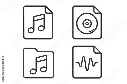 Music file icon set. Vector linear style audio symbols. Collection includes musical note, sound waveform, compact disc, and media folder. Simple outline icons for web, app.