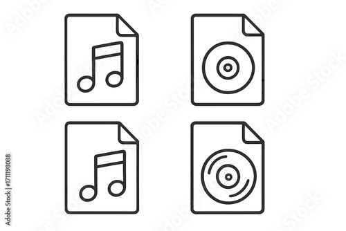 Music file icon set. Linear style vector illustration. Audio document symbols with musical note and CD disc. Simple minimal outline icons for web and app interface design.