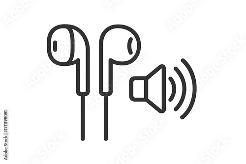 Earbuds speaker icon. Listen to music. Vector audio concept. Headphones, earphones, soundwave, volume symbol. Podcast, audiobook, media player line art. Digital gadget illustration.