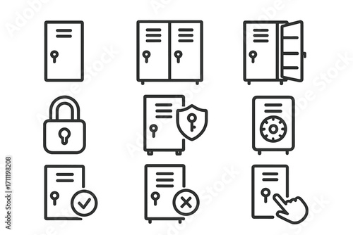 Locker line icons set for websites, books, cards, apps. Editable stroke vector illustration of lockers with lock, protection shield, check, cross, and hand pointer symbols for security concepts