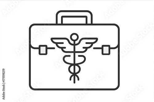 Doctor bag with medical Caduceus sign. Health care concept. First aid kit. Emergency case icon. Medicine chest symbol. Paramedic portfolio. Vector logo for a hospital.