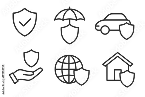 Insurance and protection outline icon set. Vector symbols for car, home, travel, and health security. Shield concept for safety, guarantee, and risk management services.