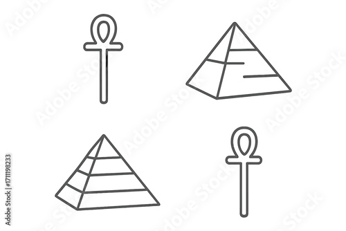 Set of Egyptian icons. Ankh symbol of life and Pyramids of Giza. Ancient Egypt pharaoh history sign. Minimalistic thin line vector art for web, apps, and design.