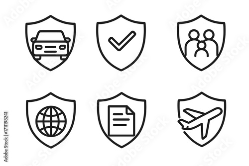 Insurance and protection outline icon set. Vector collection of shield symbols for car, family life, travel, and document safety. Line art for web, apps, and print.