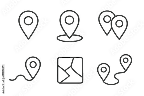 Minimalistic Map Pin Line Icon Set, Editable Stroke Vector Pictogram for Navigation, Location Markers, Routes, Map Points, GPS Tracking, UI Design, Apps, Banners, and Posts