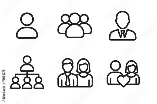 People and business relations icon set. Vector line symbols of person, user group, teamwork, manager, corporate hierarchy, organization. Professional couple, love and family.