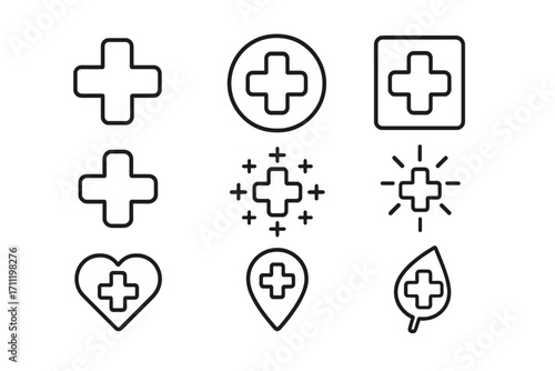 Medical cross icon set for UI and placards, editable stroke vector, hospital and healthcare symbols, medical app icons, transparent cartoon style for websites, books, cards, and applications