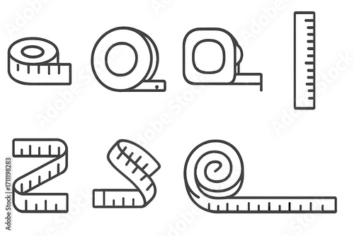 Thin line measure tape icons collection, editable stroke. Set of vector cartoon illustration rulers, tape measures in various styles for web, books, cards, apps, transparent background.