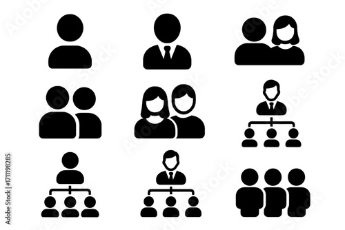 Business people icon set. User profile, team, and hierarchy symbols. Vector collection for graphic design. Icons for website, social media, and presentations. Manager, leader, and staff.