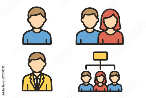 People icon set for graphic design. Vector icons of user, couple, employer, and business hierarchy. Flat cartoon symbols for web, UI, UX, and corporate structure concepts.