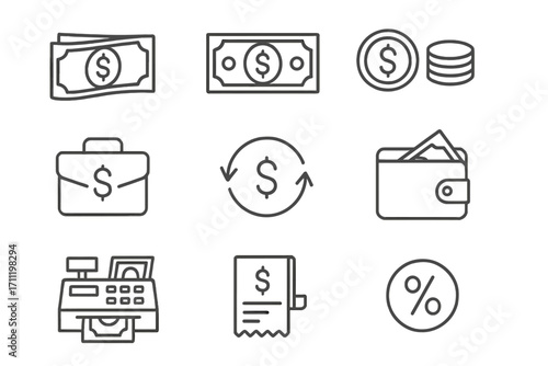 Thin line money icon set with cash register, dollar bills, coins, wallet, briefcase, receipt, percent symbol, financial symbols for graphic design, apps, advertising, and branding vector illustration