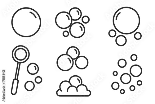 Soap bubbles outline icon collection. Editable stroke vector set. Air bubbles, foam, and bubble wand signs. Graphic symbols for washing, cleaning, and fizzy soda pop.