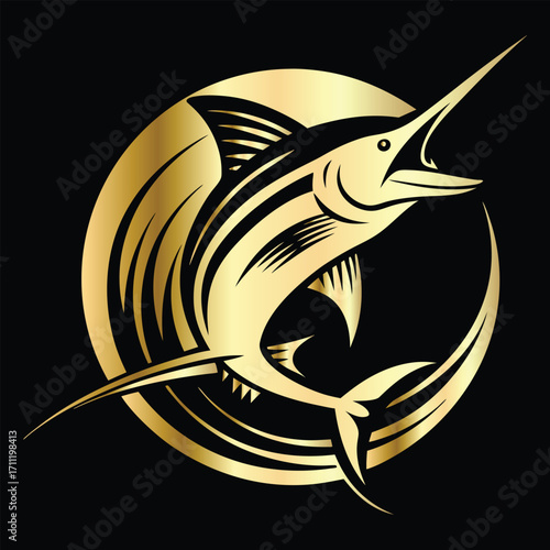 Golden Marlin Fish Logo Design – Luxury Sailfish Vector Emblem for Sport Fishing, Seafood Branding, Ocean Adventure Badge, Premium Fisherman Club Icon, Stylish Golden Logo Illustration.
