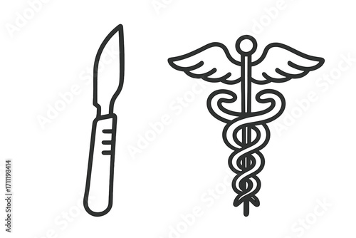 Medical icon line art set. Surgical scalpel for surgery and operations. Caduceus staff as a symbol of medicine and healthcare. Vector illustration for hospital, clinic, or pharmacy.