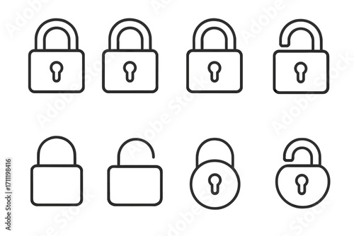 Padlock and lock icon set for UI, security symbols, editable stroke vector collection, suitable for websites, apps, books, cards, safe protection concepts, cartoon style illustration