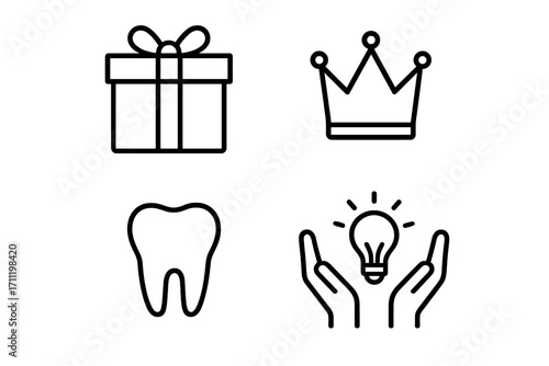 Present gift charity concept outline icon set with crown, tooth, magnet, and lightbulb hands symbols for graphic design, web, cards, books, creative ideas