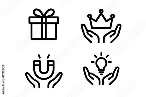 Gift and Charity Icon Set with Crown, Magnet, and Lightbulb Symbols in Hands, Simple Vector Design for Graphic Projects, Websites, Cards, Books, Articles, Concept Illustrations