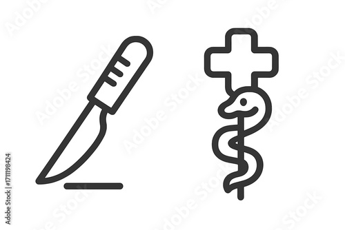 Medical line icon set. Scalpel surgery symbol and Rod of Asclepius, the symbol of medicine and healthcare. Vector graphic illustration for doctor, hospital, pharmacy concepts.