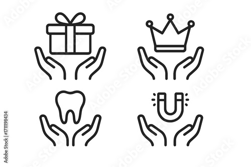 Present gift charity icons set with crown, tooth, magnet symbols held by hands, simple outline design for graphic design, website, cards, books, articles, social concept