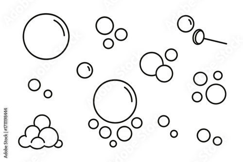 Soap bubbles outline vector icon set. Collection of soapy water foam, suds, and fizzy air bubbles. Simple line art signs for cleaning concepts. Editable stroke cartoon illustration.