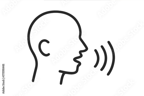 Speaking icon and communication symbol. Man talking, head profile with sound waves. Voice, speech, public speaking, and announcement concept. Vector line art illustration.
