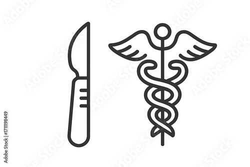Medical surgery icon with scalpel and caduceus symbol. Healthcare, medicine, and hospital concepts. Line art vector illustration for emergency, clinic, or doctor services.