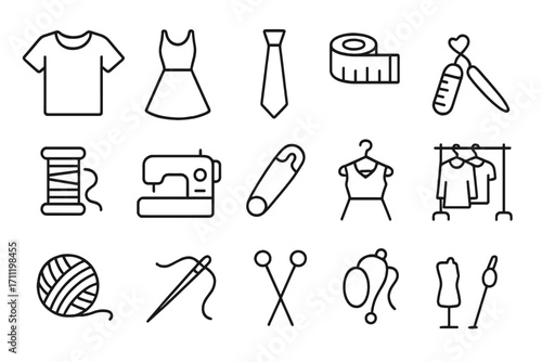 Sewing and garment icon set modern linear collection for fashion design apps, websites, cards including T-shirt, dress, tie, measuring tape, sewing machine, knitting, mannequin, rack