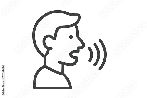 Man talking line icon. Speaking person, communication symbol. Voice command, sound waves. Concept of public speech, presentation, announcement, lecture, message, information, shout.