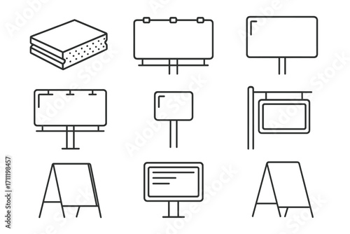 Sandwich panel and various billboard signboard line icons pack, minimalistic linear editable stroke pictograms for cards, apps, banners, posts, vector cartoon design collection