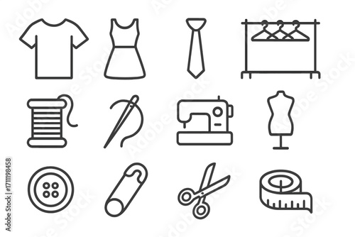 Modern sewing and garment line icon collection for design and web, including linear icons of t-shirt, dress, tie, measuring tape, sewing machine, mannequin, needle, scissors, and clothing rack